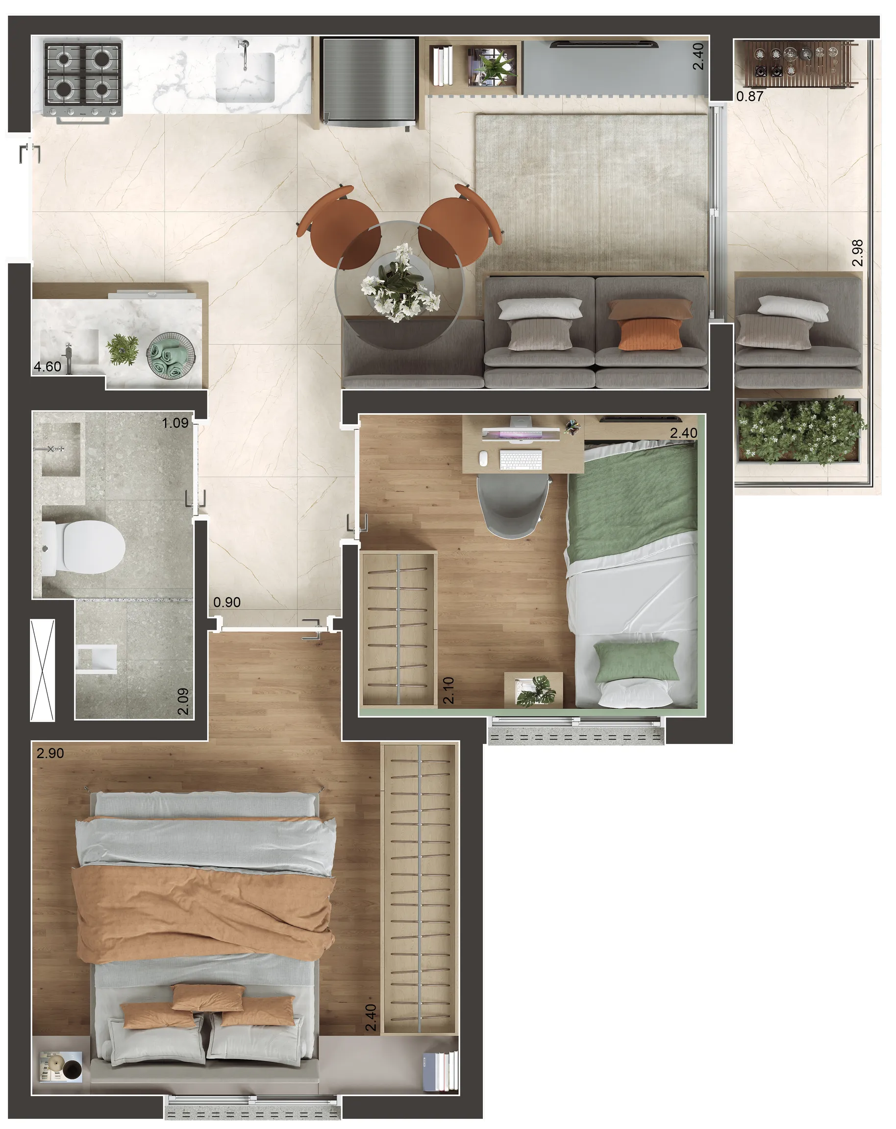 Planta — 1 Dorm + Office