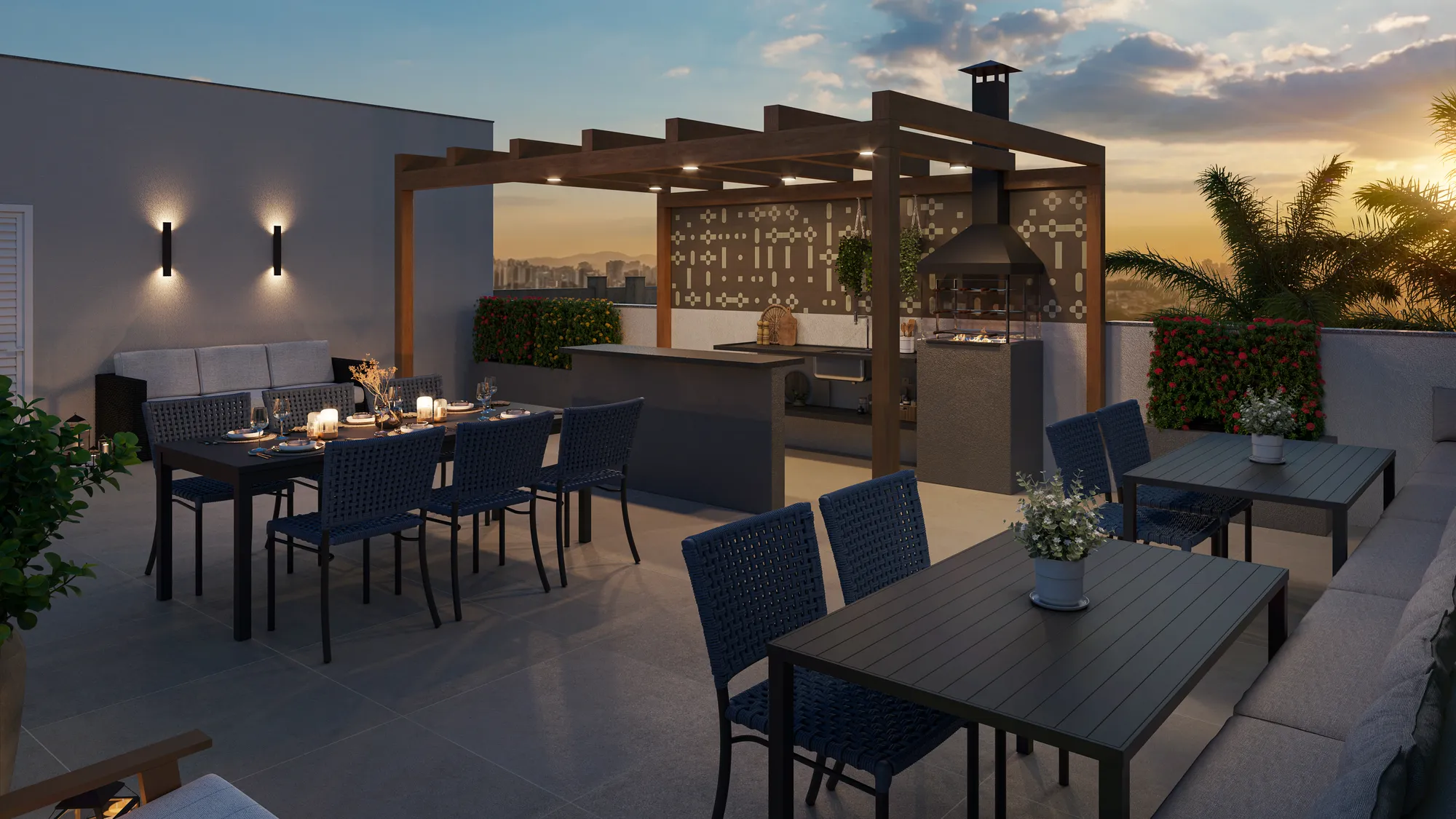 Rooftop gourmet ao entardecer